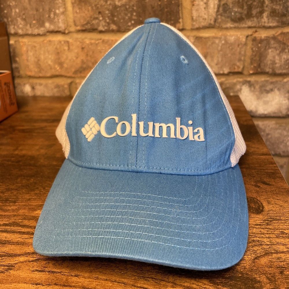 Columbia Trucker‎ Hat Blue Sz. L/XL Mesh Back Flexfit Rubber Logo Unisex